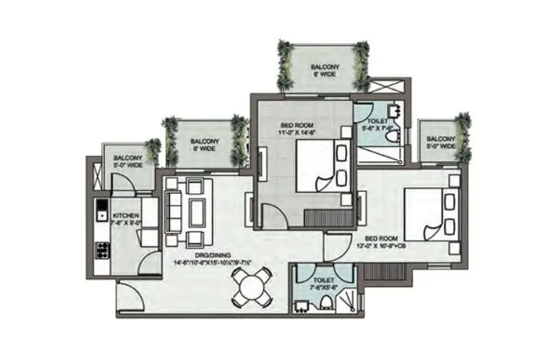 Floor plan for 2 BHK