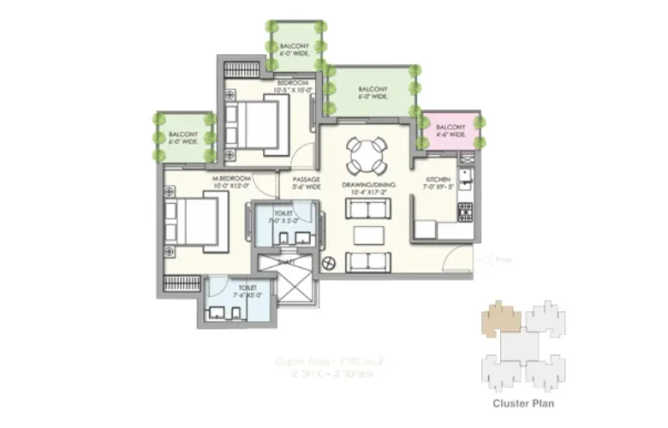 Supertech Hues Sector 68 Gurgaon - Floor plan 2 BHK 1430 Sq.ft