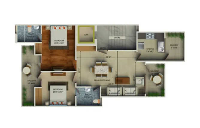 Supertech Aadri Sector 78 Gurgaon - Floor plan 2 BHK 1260 Sq.ft
