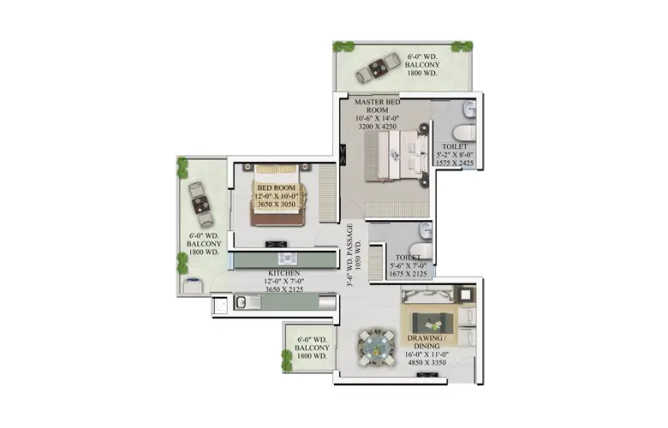 Supertech Hilltown Sector 2 Gurgaon - Floor plan 2 BHK 1275 Sq.ft