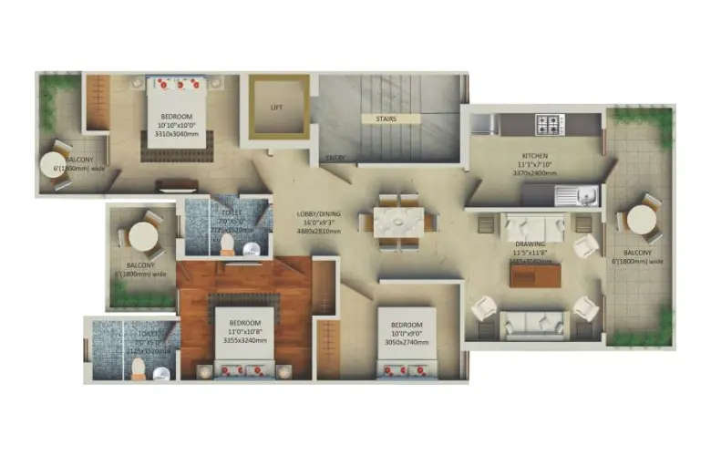 Floor plan for 3 BHK