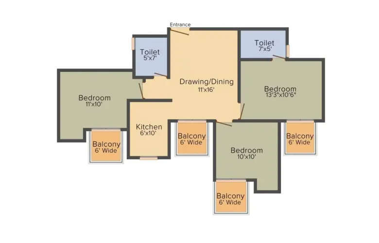 Floor plan for 3 BHK