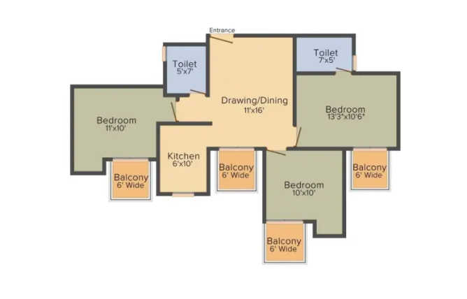 Supertech Azalia Sector 68 Gurgaon - Floor plan 3 BHK 1225 Sq.ft