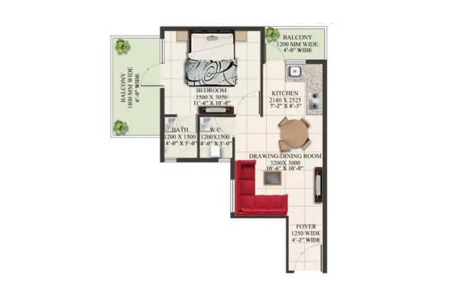 Supertech The Valley Sector 117 - Floor plan 1 BHK 357 Sq.ft