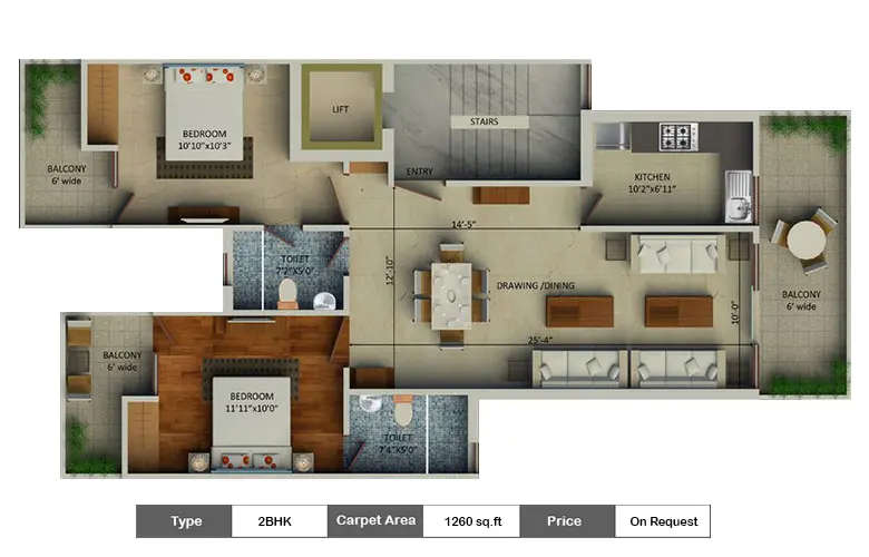 Floor plan for 2 BHK