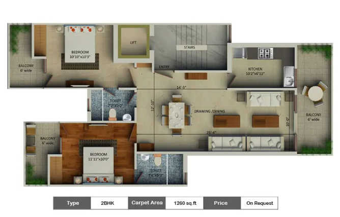 Supertech Neeladri Sector 79 Gurgaon - Floor plan 2 BHK 1260 Sq.ft