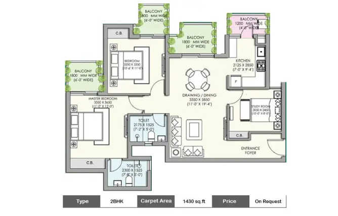 Supertech Jade Tower Sector 68 Gurgaon - Floor plan 2 BHK 1430 Sq.ft