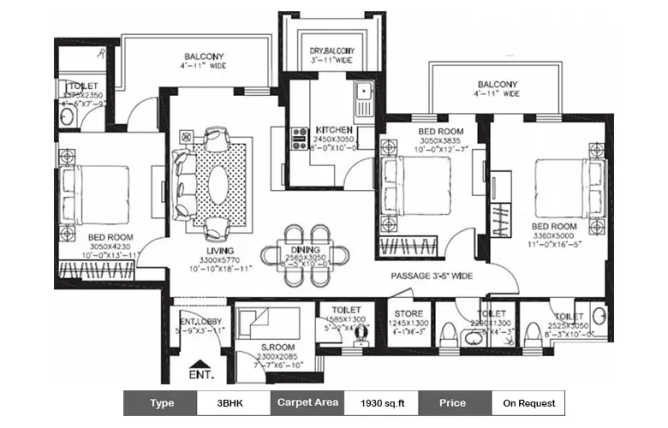 DLF Town Heights Sector 90 Gurgaon - Floor plan 3 BHK 1930 Sq.ft