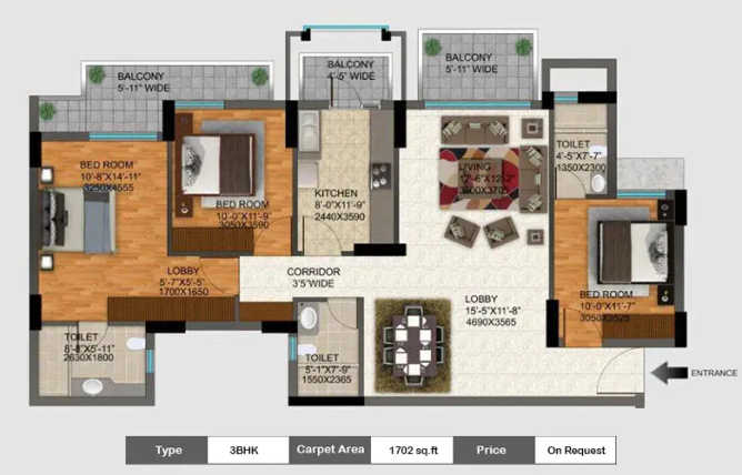 DLF Regal Gardens Sector 90 Gurgaon - Floor plan 3 BHK 1702 Sq.ft