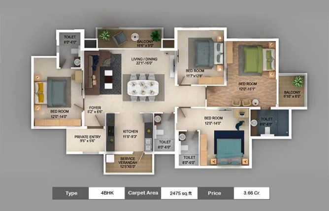 Puravankara Somerset House Guindy - Floor plan 4 BHK 2475 Sq.ft