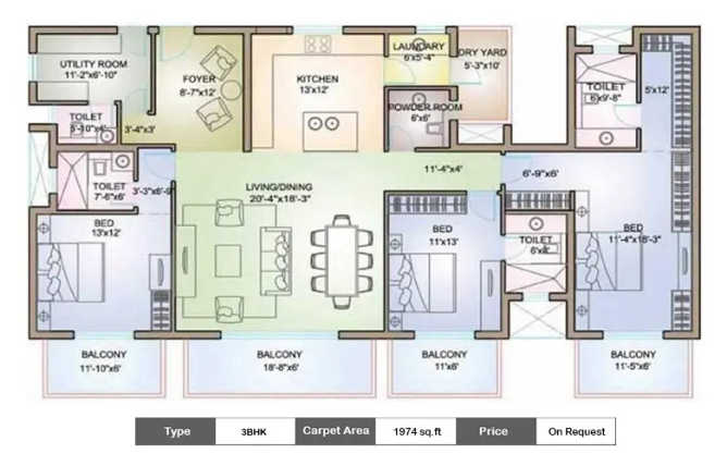 TATA Raisina Residency Sector 59 - Floor plan 3 BHK 1974 Sq.ft