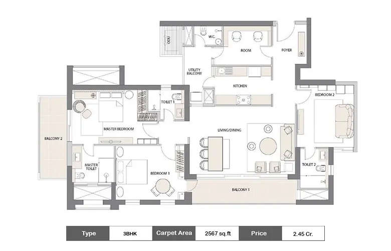 Floor plan for 3 BHK