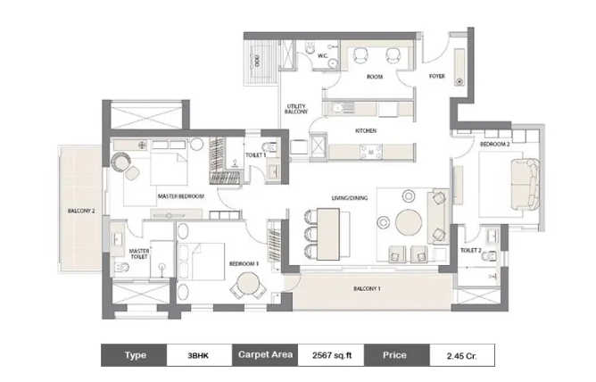 Emaar Digi Homes Sector 62 Gurgaon - Floor plan 3 BHK 2567 Sq.ft