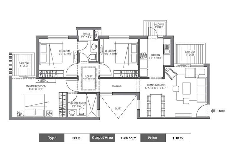 Floor plan for 3 BHK