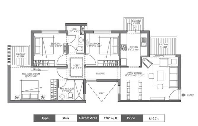 Emaar Emerald Estate Sector 65 Gurgaon - Floor plan 3 BHK 1280 Sq.ft
