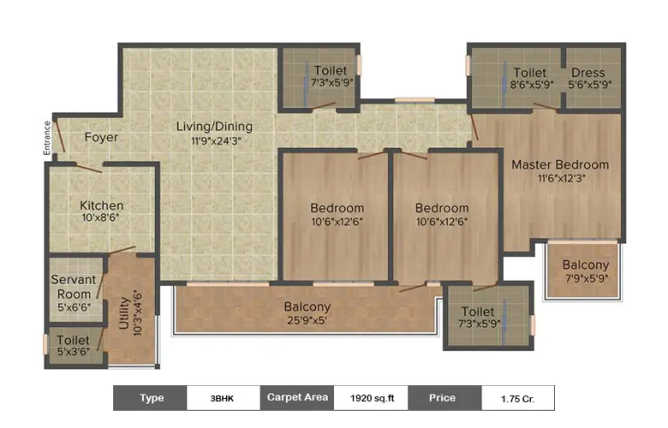 Emaar The Enclave Sector 66 Gurgaon - Floor plan 3 BHK 1920 Sq.ft