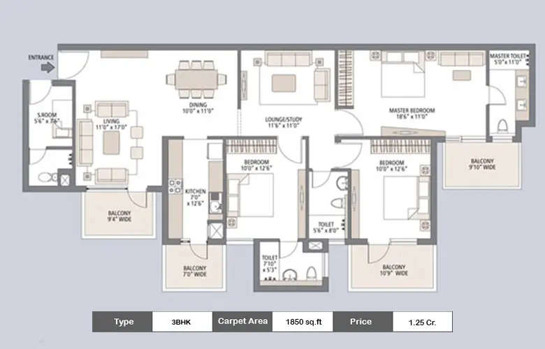 Floor plan for 3 BHK