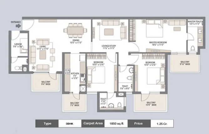 Emaar Palm Gardens Sector 83 - Floor plan 3 BHK 1850 Sq.ft