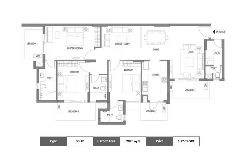 Floor plan for 3 BHK