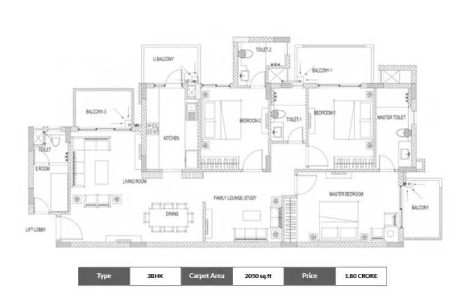 Emaar Emerald Classic Sector 65 Gurgaon - Floor plan 3 BHK 2050 Sq.ft