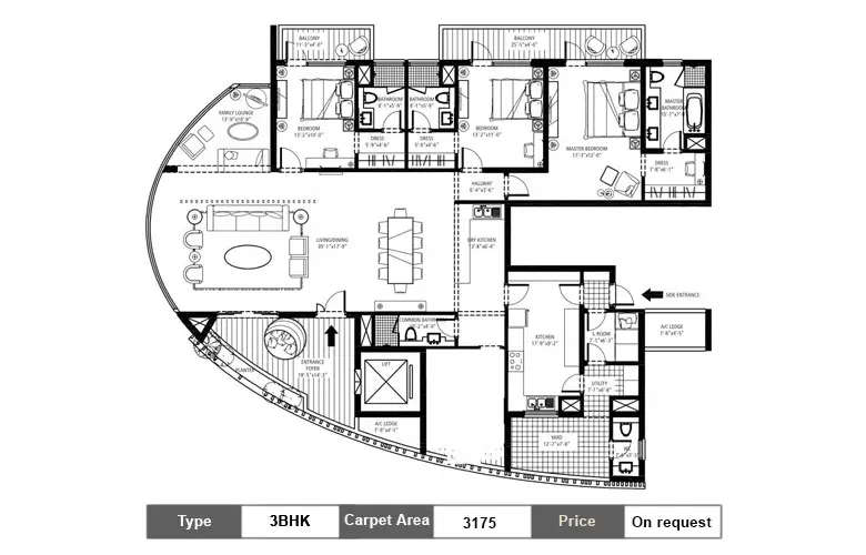 Floor plan for 3 BHK