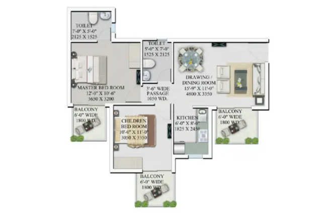 Supertech Officer's Enclave Sector 49 Gurgaon - Floor plan 2 BHK 1345 Sq.ft