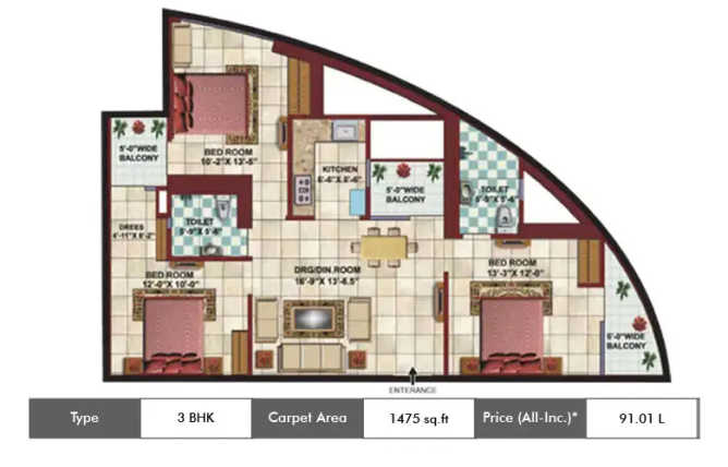 Supertech Apex Tower Sector 93A - Floor plan 3 BHK 1475 Sq.ft