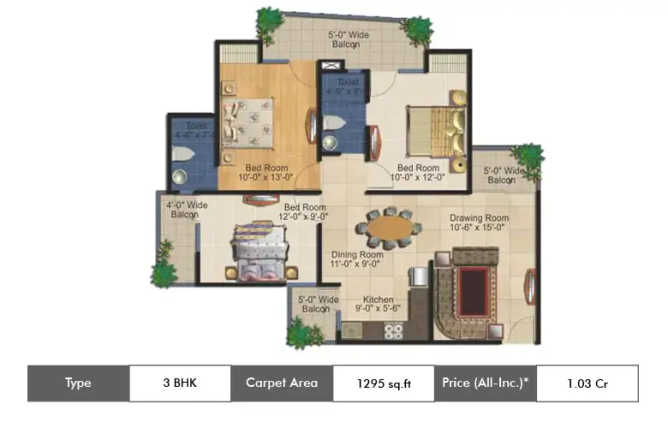 Supertech 34 Pavilion Sector 34 - Floor plan 3 BHK 1295 Sq.ft