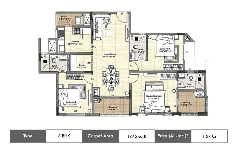 Floor plan for 3 BHK