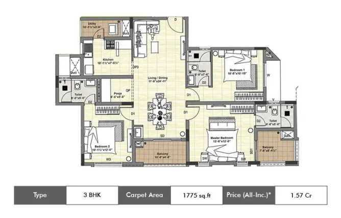 DRA Tuxedo Elite Velachery - Floor plan 3 BHK 1775 Sq.ft