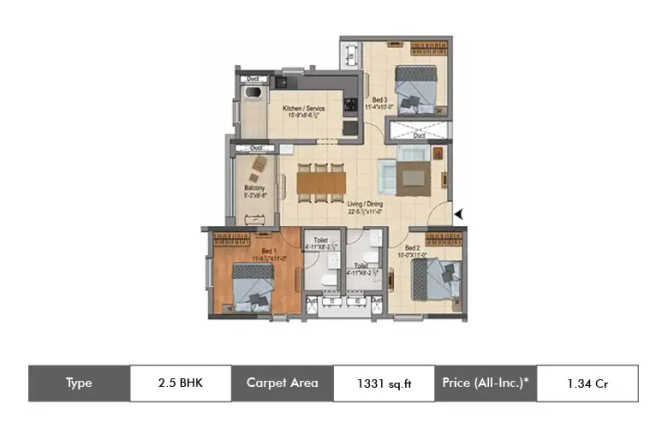 DRA Ascot Adambakkam - Floor plan 2.5 BHK 1331 Sq.ft