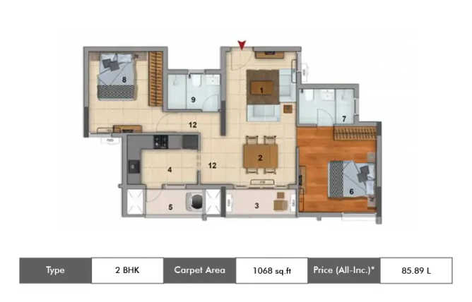 DRA 90 Degrees Kovilambakkam - Floor plan 2 BHK 1068 Sq.ft