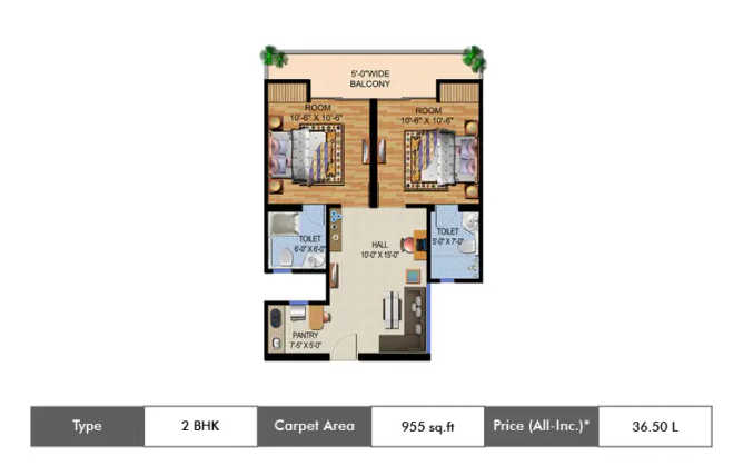 Ajnara Vice Royale Sector 62 - Floor plan 2 BHK 955 Sq.ft