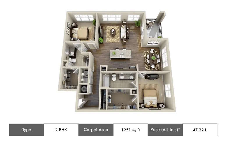 2 BHK Apartment 1251 Sq.ft