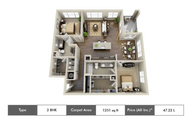 Puravankara South Bay Thaiyur - Floor plan 2 BHK 1251 Sq.ft