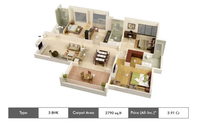 Radiance Visvamoda Mylapore - Floor plan 3 BHK 2790 Sq.ft
