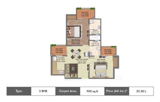 Supertech Grand Circuit Sector 17A Greater Noida - Floor plan 2 BHK 900 Sq.ft