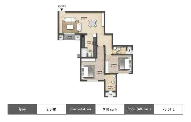 Shriram Treasure Island Jalahalli - Floor plan 2 BHK 918 Sq.ft