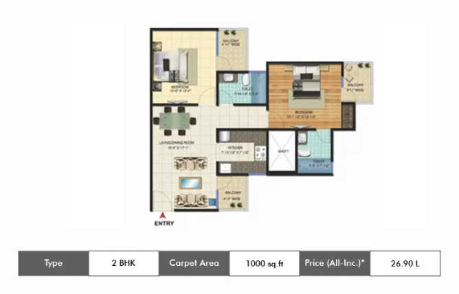 Amrapali Adarsh Awas Yojna Sector 76 - Floor plan 2 BHK 1000 Sq.ft