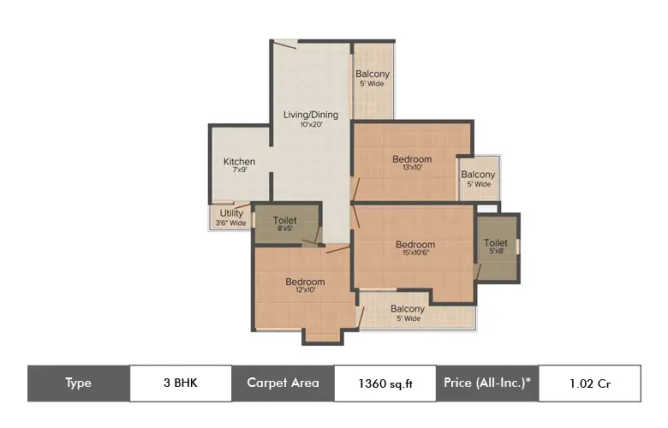 Amrapali Eden Park Sector 50 - Floor plan 3 BHK 1360 Sq.ft