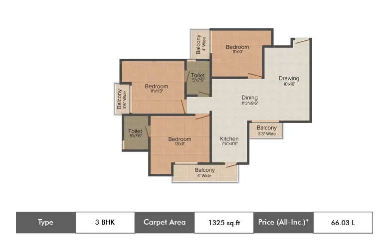 Floor plan for 3 BHK