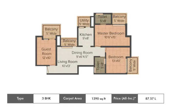 Amrapali Sapphire Sector 45 - Floor plan 3 BHK 1390 Sq.ft