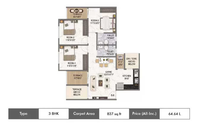 Runal Spacio Ravet - Floor plan 3 BHK 837 Sq.ft