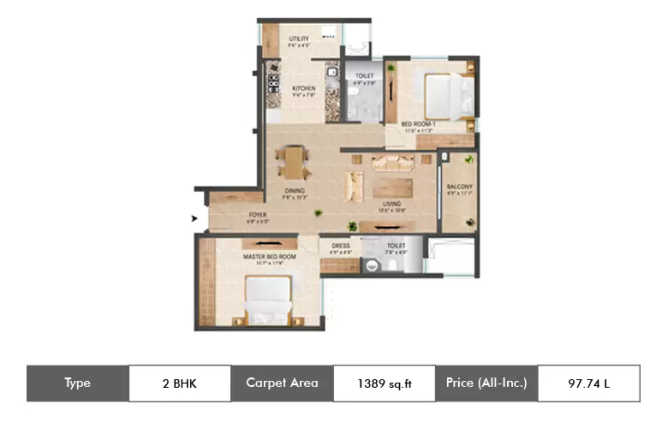 Century Breeze Jakkur - Floor plan 2 BHK 1389 Sq.ft