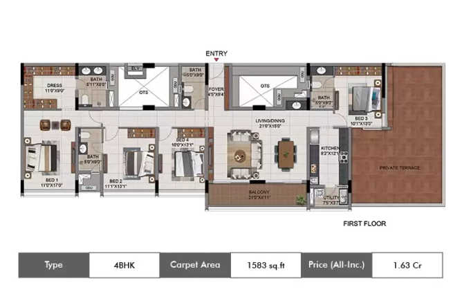 Casagrand Millenia Mogappair - Floor plan 4 BHK 1583 Sq.ft