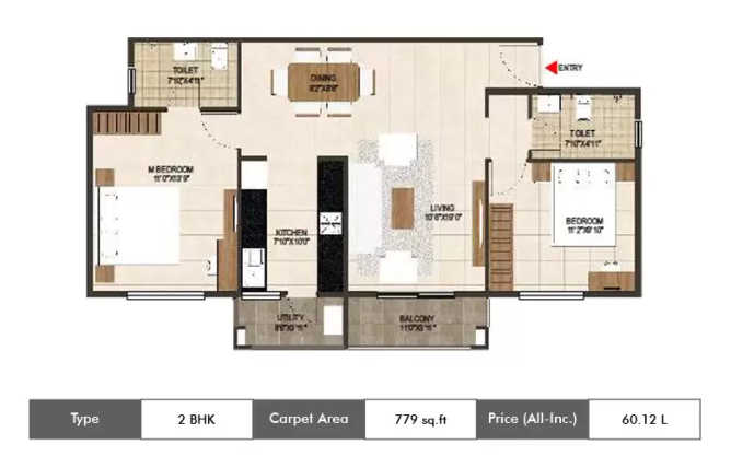 Concorde Spring Meadows Hesaraghatta - Floor plan 2 BHK 779 Sq.ft