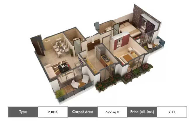 Tharwani Solitaire Kalyan - Floor plan 2 BHK 692 Sq.ft
