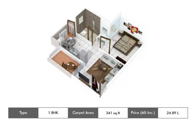 Jhamtani Ace Aastha Charholi - Floor plan 1 BHK 341 Sq.ft