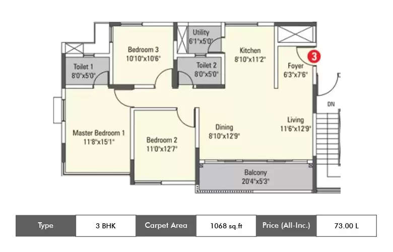Floor plan for 3 BHK