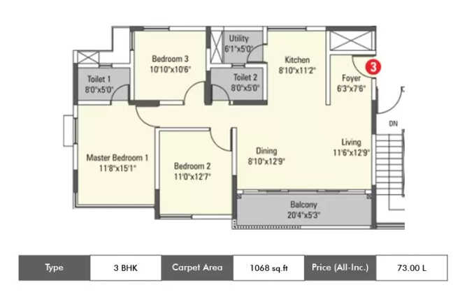 Kumar Princeville Kengeri - Floor plan 3 BHK 1068 Sq.ft